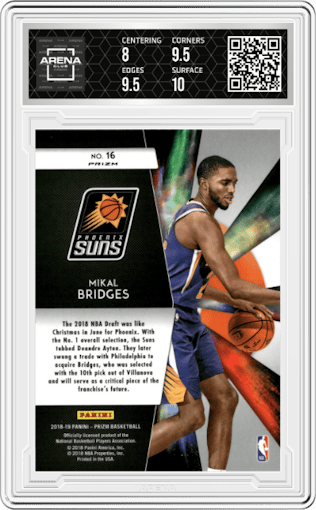 Mikal Bridges from the 2018-19 Panini Prizm set featuring a Silver Prizm parallel graded by Arena Club and given an overall grade of 8.5.