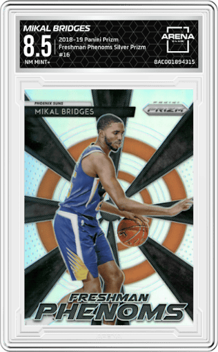 Mikal Bridges from the 2018-19 Panini Prizm set featuring a Silver Prizm parallel graded by Arena Club and given an overall grade of 8.5.