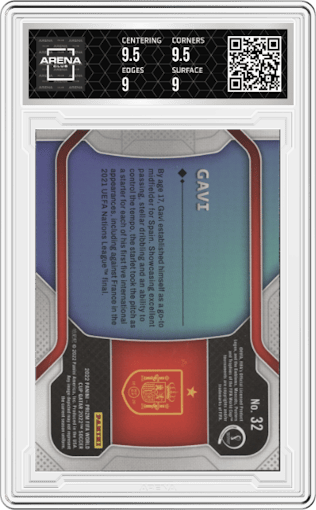 Gavi from the 2022 Panini Prizm FIFA WC Qatar set graded by Arena Club and given an overall grade of 9.5.