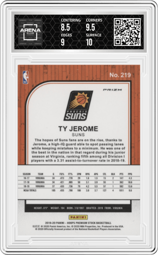 Ty Jerome from the 2019-20 Panini Hoops Premium Stock set featuring a Silver Mojo  parallel graded by Arena Club and given an overall grade of 9.
