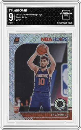 Ty Jerome from the 2019-20 Panini Hoops Premium Stock set featuring a Silver Mojo  parallel graded by Arena Club and given an overall grade of 9.