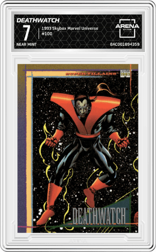 Deathwatch from the 1993 Skybox Marvel Universe set graded by Arena Club and given an overall grade of 7.
