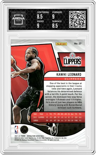 Kawhi Leonard from the 2021-22 Panini Revolution  set graded by Arena Club and given an overall grade of 9.