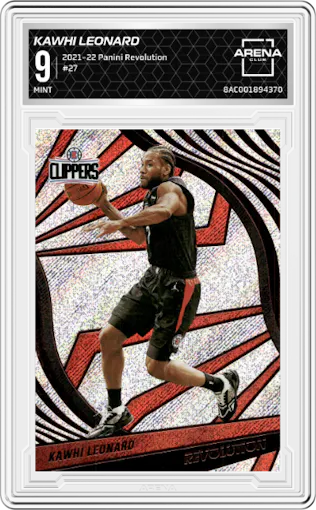 Kawhi Leonard from the 2021-22 Panini Revolution  set graded by Arena Club and given an overall grade of 9.