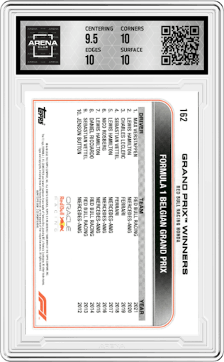 Max Verstappen from the 2022 Topps F1 set graded by Arena Club and given an overall grade of 10.