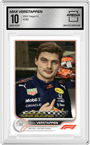 Max Verstappen from the 2022 Topps F1 set graded by Arena Club and given an overall grade of 10.