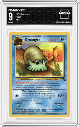 Omanyte from the 1999 Pokemon set graded by Arena Club and given an overall grade of 9.