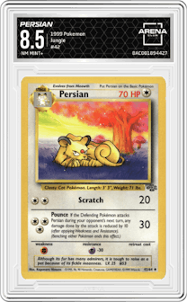 Persian from the 1999 Pokemon set graded by Arena Club and given an overall grade of 8.5.