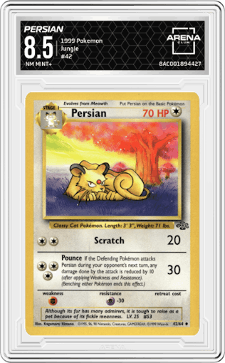 Persian from the 1999 Pokemon set graded by Arena Club and given an overall grade of 8.5.