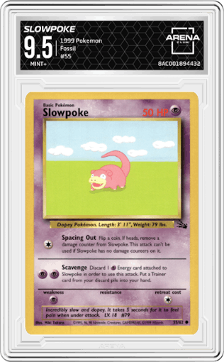Slowpoke from the 1999 Pokemon set graded by Arena Club and given an overall grade of 9.5.