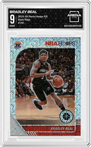 Bradley Beal from the 2019-20 Panini Hoops Premium Stock set featuring a Silver Mojo  parallel graded by Arena Club and given an overall grade of 9.