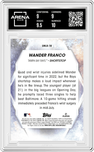 Wander Franco from the 2023 Topps  set graded by Arena Club and given an overall grade of 9.5.