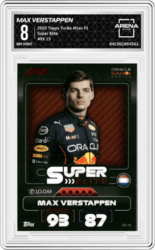 Max Verstappen from the 2022 Topps Turbo Attax F1 set graded by Arena Club and given an overall grade of 8.