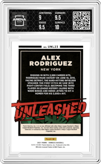 Alex Rodriguez from the 2021 Panini Donruss set featuring a Pink Fireworks parallel graded by Arena Club and given an overall grade of 9.5.