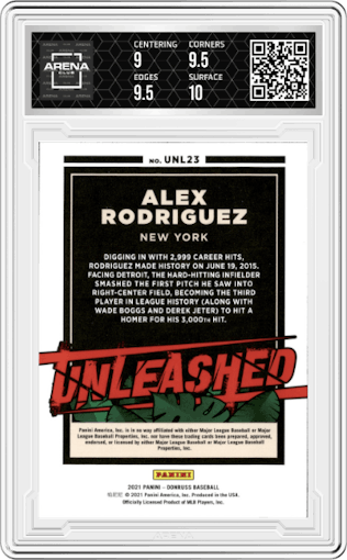 Alex Rodriguez from the 2021 Panini Donruss set featuring a Pink Fireworks parallel graded by Arena Club and given an overall grade of 9.5.