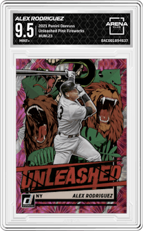 Alex Rodriguez from the 2021 Panini Donruss set featuring a Pink Fireworks parallel graded by Arena Club and given an overall grade of 9.5.