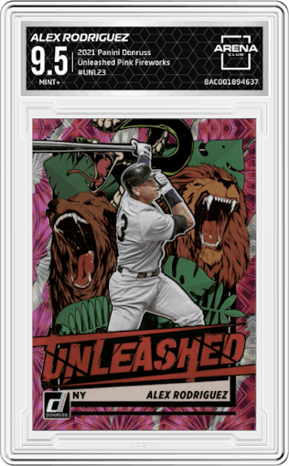 Alex Rodriguez from the 2021 Panini Donruss set featuring a Pink Fireworks parallel graded by Arena Club and given an overall grade of 9.5.