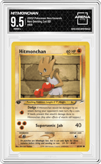 Hitmonchan from the 2002 Pokemon Neo Genesis set graded by Arena Club and given an overall grade of 9.5.