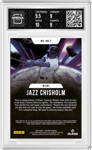 Jazz Chisholm from the 2022 Panini Capstone set graded by Arena Club and given an overall grade of 9.5.