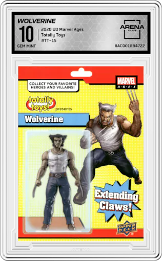 Wolverine from the 2020 Upper Deck Marvel Ages set graded by Arena Club and given an overall grade of 10.