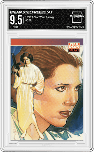 Brian Stelfreeze (A) from the 1993 Topps Star Wars Galaxy set graded by Arena Club and given an overall grade of 9.5.