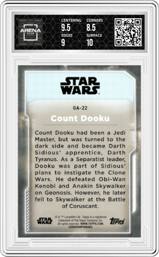 Count Dooku from the 2021 Topps Star Wars Battle Plans set graded by Arena Club and given an overall grade of 9.