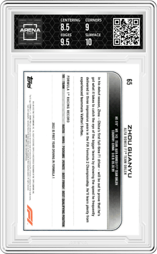 Zhou Guanyu from the 2022 Topps F1 set graded by Arena Club and given an overall grade of 9.