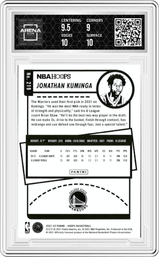 Jonathan Kuminga from the 2021-22 Panini NBA Hoops set graded by Arena Club and given an overall grade of 9.5.