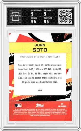 Juan Soto from the 2022 Topps Fire  set featuring a Gold Minted parallel graded by Arena Club and given an overall grade of 9.5.