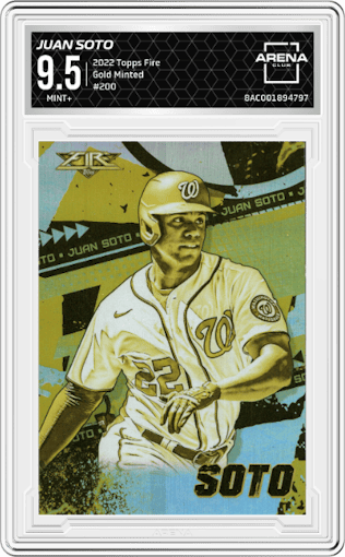 Juan Soto from the 2022 Topps Fire  set featuring a Gold Minted parallel graded by Arena Club and given an overall grade of 9.5.