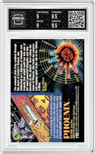 Phoenix from the 1994 Fleer Marvel Universe  set graded by Arena Club and given an overall grade of 9.
