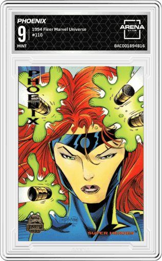 Phoenix from the 1994 Fleer Marvel Universe  set graded by Arena Club and given an overall grade of 9.