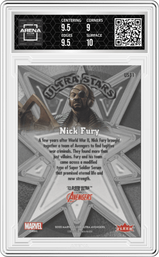 Nick Fury from the 2022 Fleer Ultra Avengers  set graded by Arena Club and given an overall grade of 9.5.