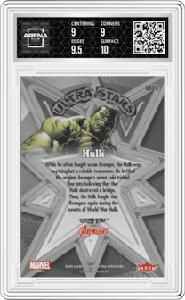 Hulk from the 2022 Fleer Ultra Avengers  set graded by Arena Club and given an overall grade of 9.5.