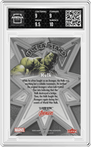 Hulk from the 2022 Fleer Ultra Avengers  set graded by Arena Club and given an overall grade of 9.5.