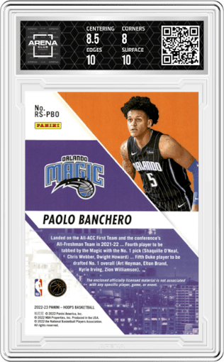 Paolo Banchero from the 2022-23 Panini NBA Hoops set graded by Arena Club and given an overall grade of 8.5.