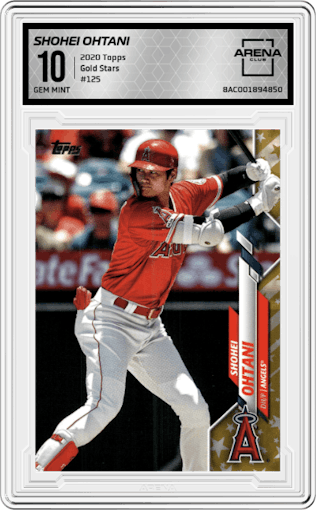 Shohei Ohtani from the 2020 Topps set featuring a Gold Stars parallel graded by Arena Club and given an overall grade of 10.