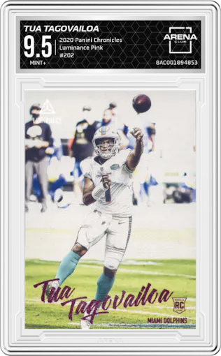 Tua Tagovailoa from the 2020 Panini Chronicles set featuring a Pink parallel graded by Arena Club and given an overall grade of 9.5.