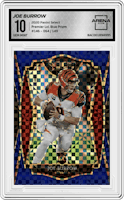 Joe Burrow from the 2020 Panini Select set featuring a Blue Prizm parallel graded by Arena Club and given an overall grade of 10.