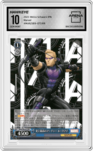 Hawkeye from the 2021 Weiss Schwarz JPN set graded by Arena Club and given an overall grade of 10.
