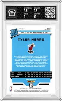 Tyler Herro from the 2019-20 Panini Donruss Optic set featuring a Blue Velocity parallel graded by Arena Club and given an overall grade of 9.5.