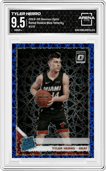 Tyler Herro from the 2019-20 Panini Donruss Optic set featuring a Blue Velocity parallel graded by Arena Club and given an overall grade of 9.5.