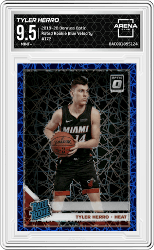 Tyler Herro from the 2019-20 Panini Donruss Optic set featuring a Blue Velocity parallel graded by Arena Club and given an overall grade of 9.5.
