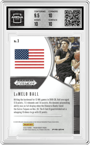 LaMelo Ball from the 2020-21 Panini Prizm Draft Picks set featuring a Red/White/Blue Prizm parallel graded by Arena Club and given an overall grade of 10.