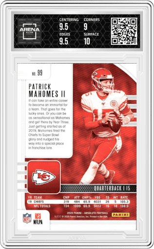 Patrick Mahomes II from the 2020 Panini Absolute set graded by Arena Club and given an overall grade of 9.5.