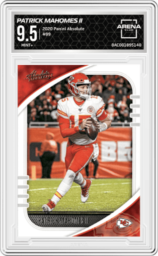 Patrick Mahomes II from the 2020 Panini Absolute set graded by Arena Club and given an overall grade of 9.5.