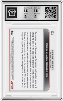 Sergio Perez from the 2022 Topps Chrome F1 set graded by Arena Club and given an overall grade of 10.