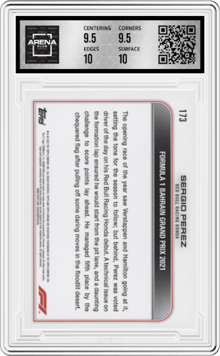 Sergio Perez from the 2022 Topps Chrome F1 set graded by Arena Club and given an overall grade of 10.