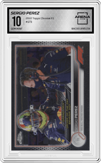 Sergio Perez from the 2022 Topps Chrome F1 set graded by Arena Club and given an overall grade of 10.