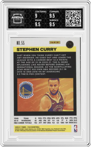 Stephen Curry from the 2020-21 Panini Flux set graded by Arena Club and given an overall grade of 9.5.